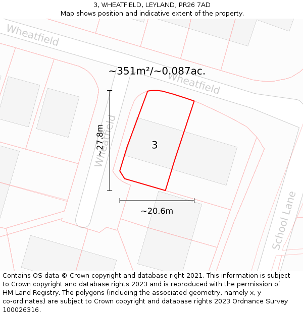 3, WHEATFIELD, LEYLAND, PR26 7AD: Plot and title map