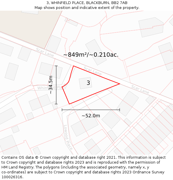 3, WHINFIELD PLACE, BLACKBURN, BB2 7AB: Plot and title map