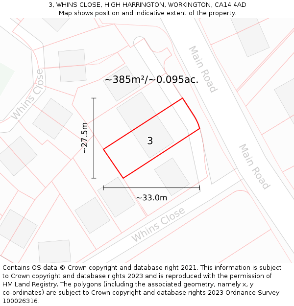 3, WHINS CLOSE, HIGH HARRINGTON, WORKINGTON, CA14 4AD: Plot and title map