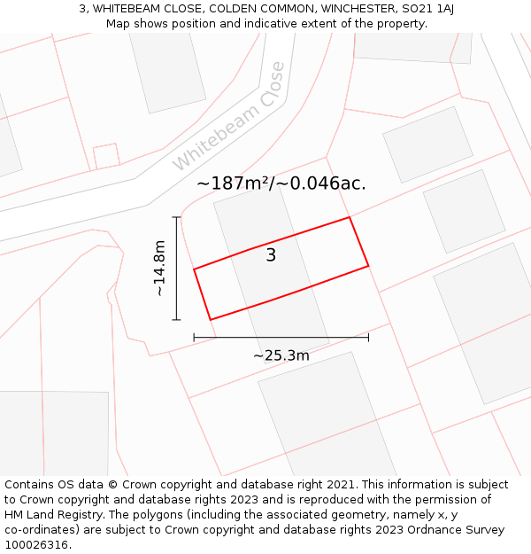 3, WHITEBEAM CLOSE, COLDEN COMMON, WINCHESTER, SO21 1AJ: Plot and title map