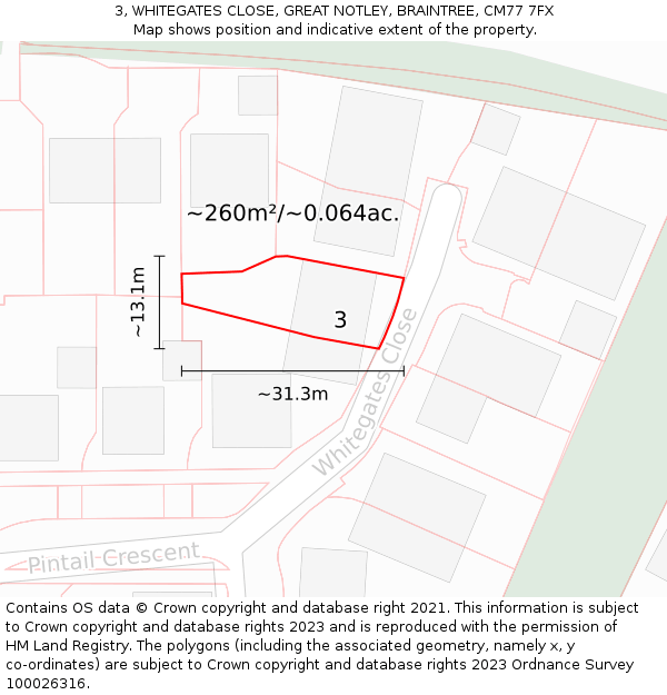 3, WHITEGATES CLOSE, GREAT NOTLEY, BRAINTREE, CM77 7FX: Plot and title map