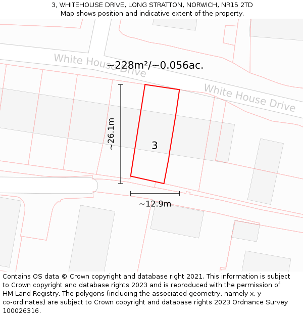 3, WHITEHOUSE DRIVE, LONG STRATTON, NORWICH, NR15 2TD: Plot and title map