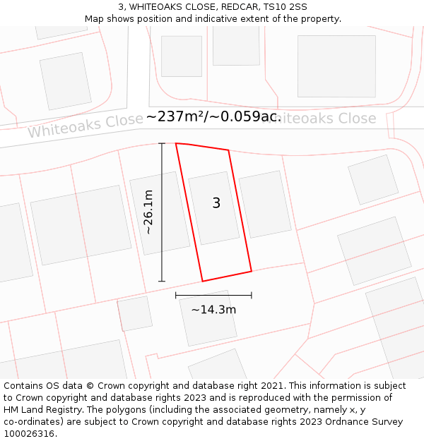 3, WHITEOAKS CLOSE, REDCAR, TS10 2SS: Plot and title map