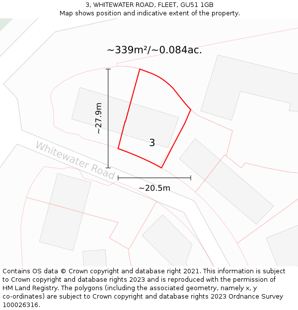 3, WHITEWATER ROAD, FLEET, GU51 1GB: Plot and title map