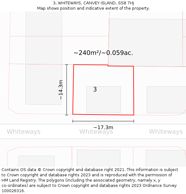 3, WHITEWAYS, CANVEY ISLAND, SS8 7HJ: Plot and title map