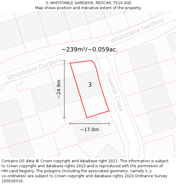 3, WHITSTABLE GARDENS, REDCAR, TS10 4GE: Plot and title map