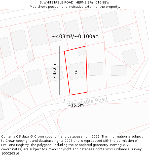 3, WHITSTABLE ROAD, HERNE BAY, CT6 8BW: Plot and title map