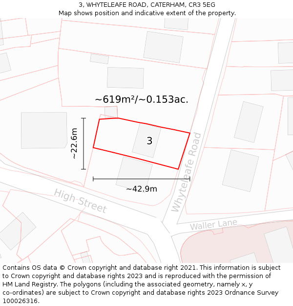 3, WHYTELEAFE ROAD, CATERHAM, CR3 5EG: Plot and title map