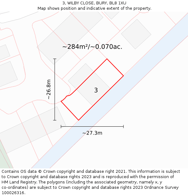 3, WILBY CLOSE, BURY, BL8 1XU: Plot and title map