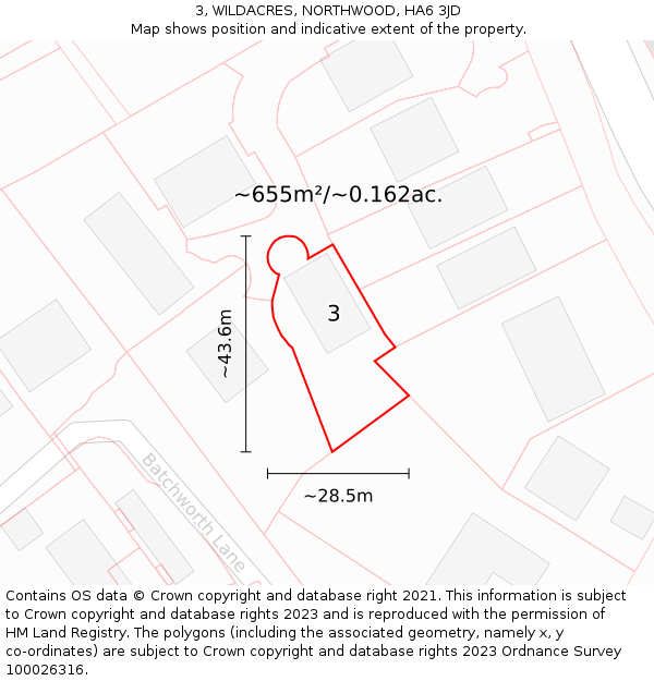 3, WILDACRES, NORTHWOOD, HA6 3JD: Plot and title map