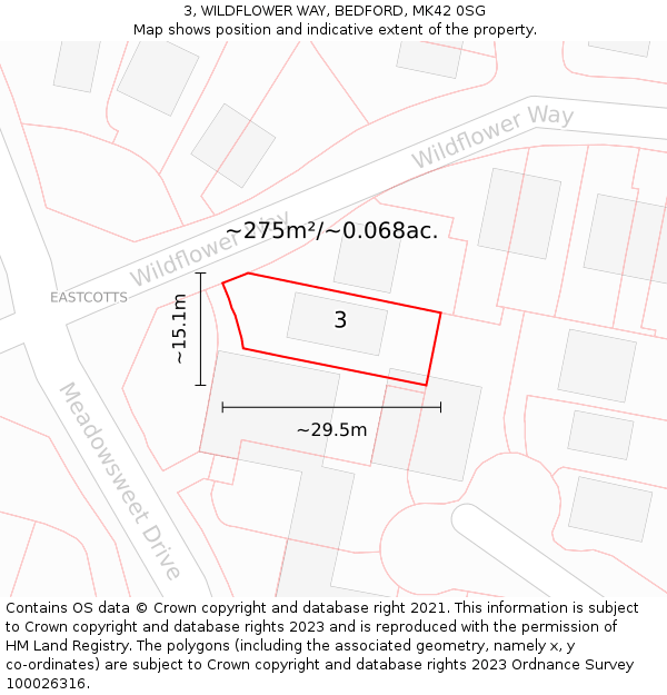 3, WILDFLOWER WAY, BEDFORD, MK42 0SG: Plot and title map