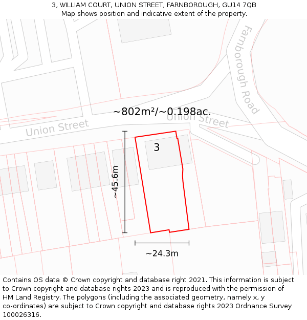 3, WILLIAM COURT, UNION STREET, FARNBOROUGH, GU14 7QB: Plot and title map