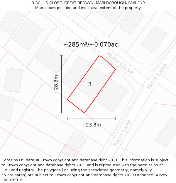 3, WILLIS CLOSE, GREAT BEDWYN, MARLBOROUGH, SN8 3NP: Plot and title map