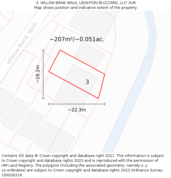 3, WILLOW BANK WALK, LEIGHTON BUZZARD, LU7 3UR: Plot and title map