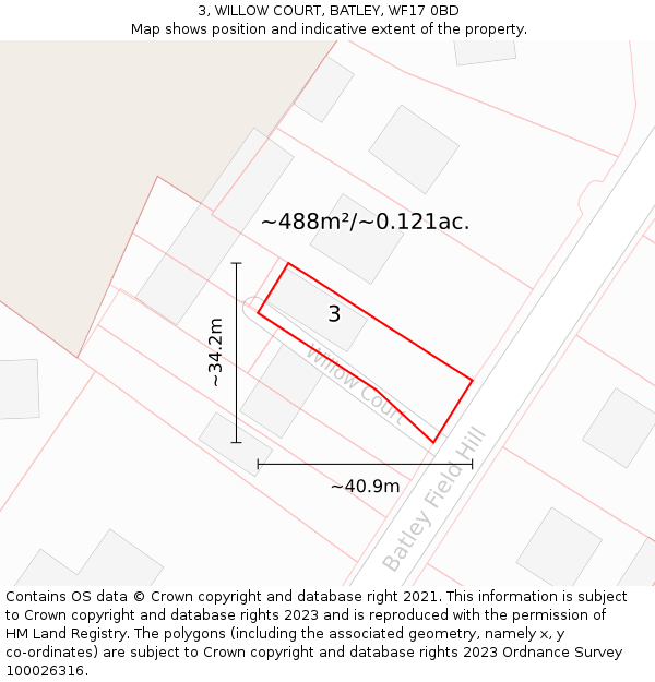 3, WILLOW COURT, BATLEY, WF17 0BD: Plot and title map