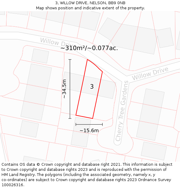 3, WILLOW DRIVE, NELSON, BB9 0NB: Plot and title map