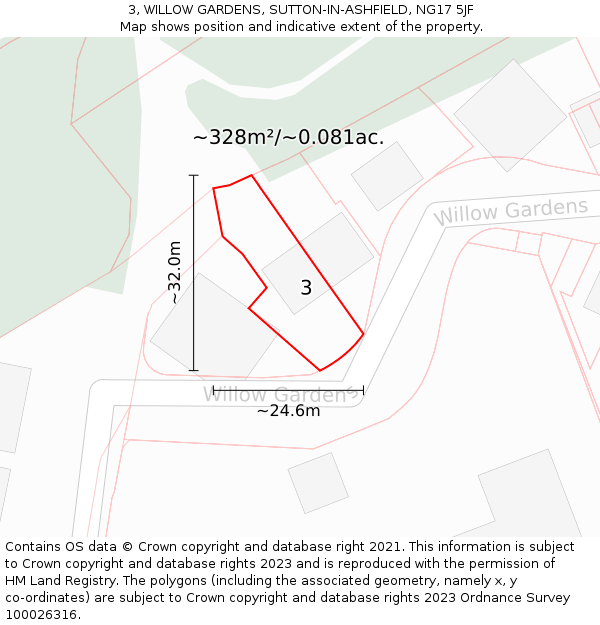 3, WILLOW GARDENS, SUTTON-IN-ASHFIELD, NG17 5JF: Plot and title map