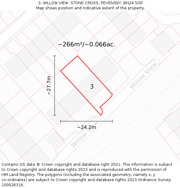 3, WILLOW VIEW, STONE CROSS, PEVENSEY, BN24 5GP: Plot and title map