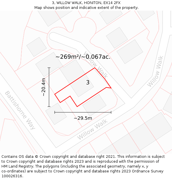 3, WILLOW WALK, HONITON, EX14 2FX: Plot and title map