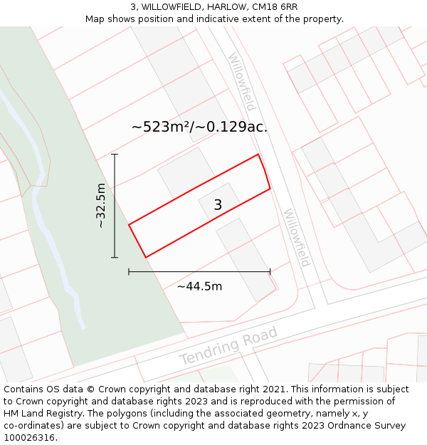3, WILLOWFIELD, HARLOW, CM18 6RR: Plot and title map