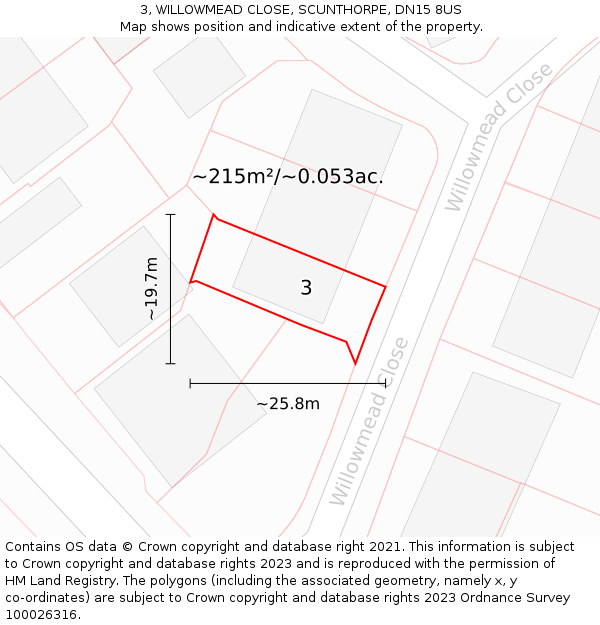 3, WILLOWMEAD CLOSE, SCUNTHORPE, DN15 8US: Plot and title map