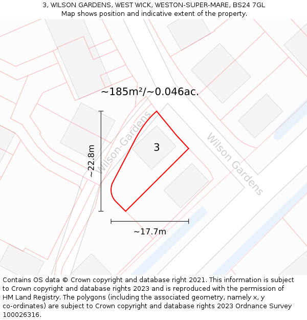 3, WILSON GARDENS, WEST WICK, WESTON-SUPER-MARE, BS24 7GL: Plot and title map