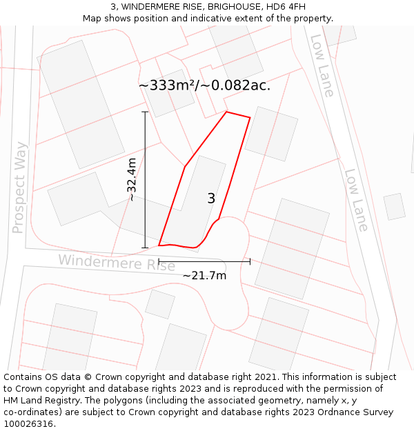 3, WINDERMERE RISE, BRIGHOUSE, HD6 4FH: Plot and title map