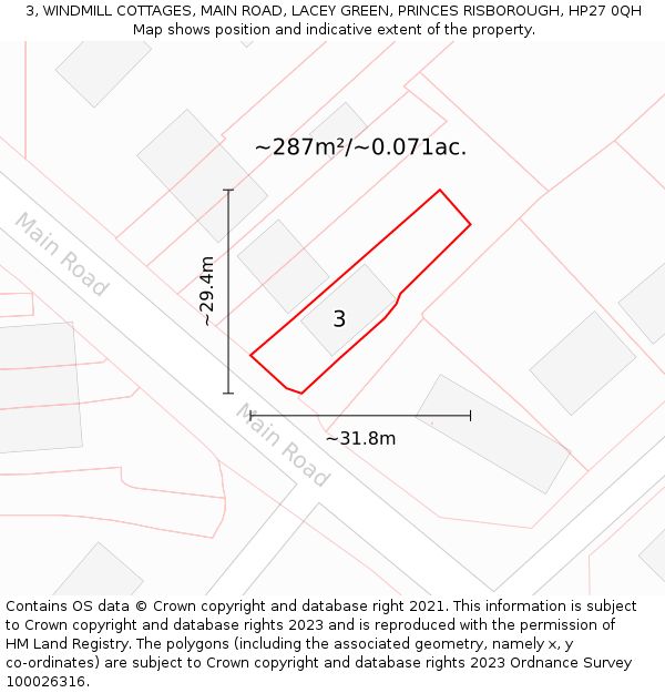 3, WINDMILL COTTAGES, MAIN ROAD, LACEY GREEN, PRINCES RISBOROUGH, HP27 0QH: Plot and title map
