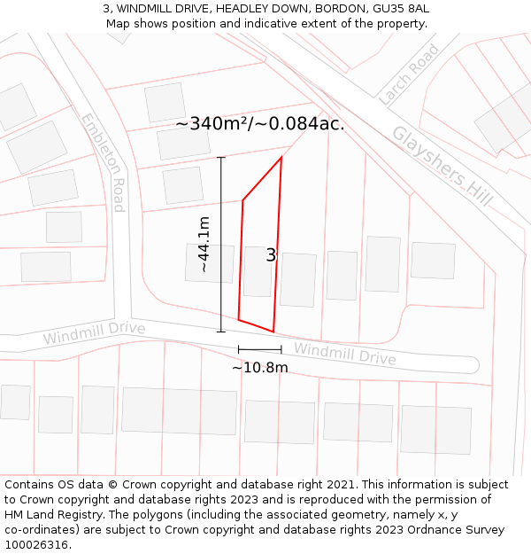 3, WINDMILL DRIVE, HEADLEY DOWN, BORDON, GU35 8AL: Plot and title map