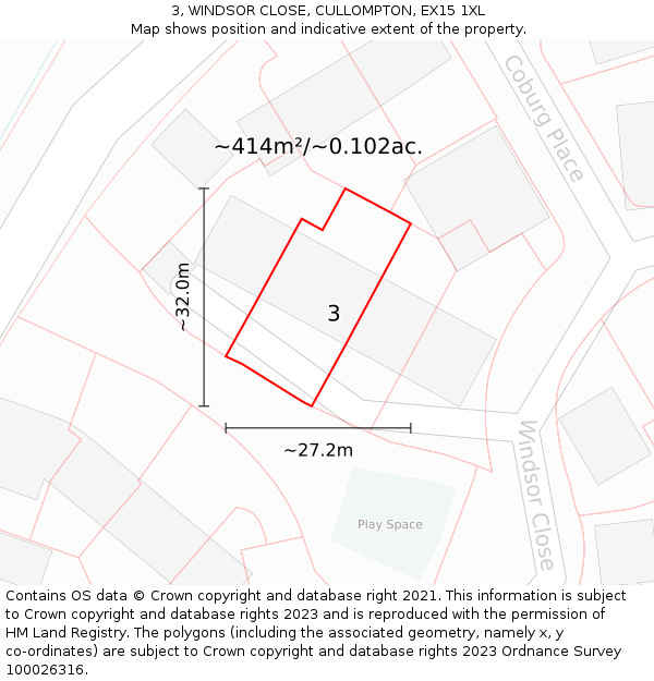 3, WINDSOR CLOSE, CULLOMPTON, EX15 1XL: Plot and title map