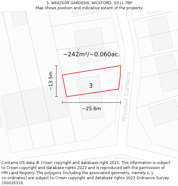 3, WINDSOR GARDENS, WICKFORD, SS11 7BP: Plot and title map