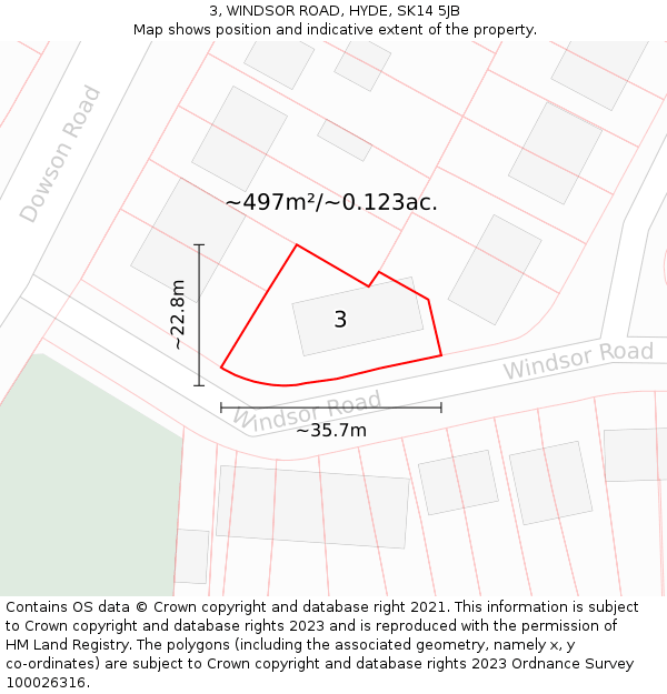 3, WINDSOR ROAD, HYDE, SK14 5JB: Plot and title map