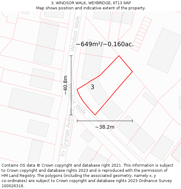3, WINDSOR WALK, WEYBRIDGE, KT13 9AP: Plot and title map