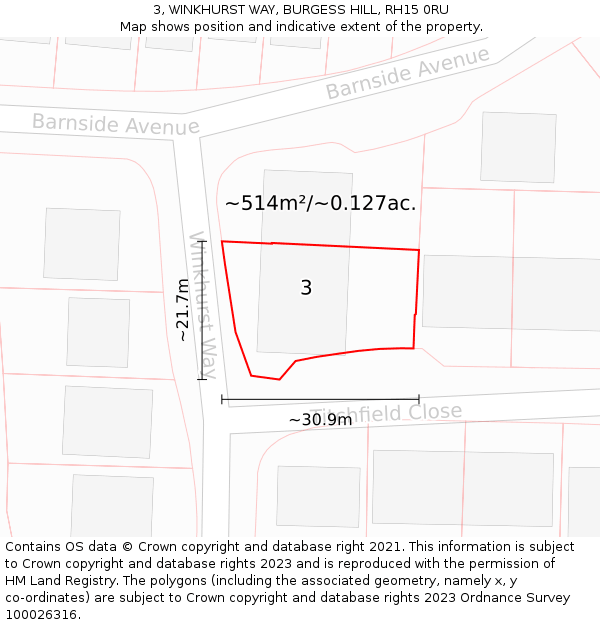 3, WINKHURST WAY, BURGESS HILL, RH15 0RU: Plot and title map