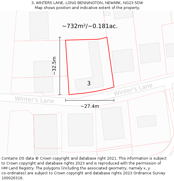 3, WINTERS LANE, LONG BENNINGTON, NEWARK, NG23 5DW: Plot and title map