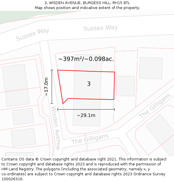 3, WISDEN AVENUE, BURGESS HILL, RH15 8TL: Plot and title map