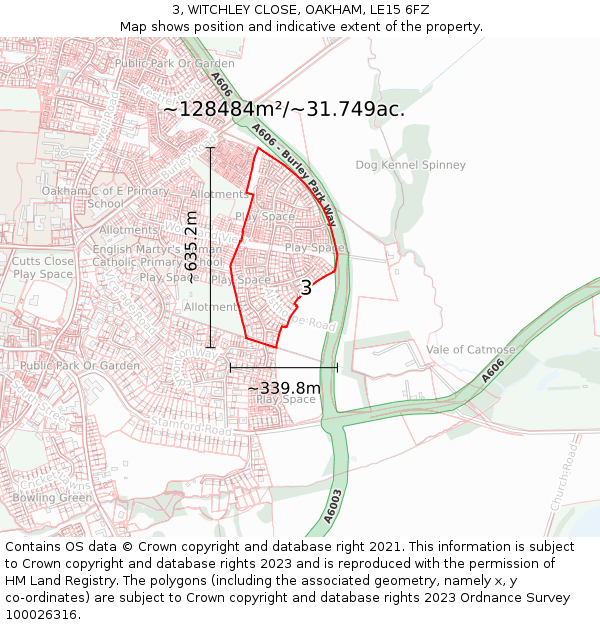 3, WITCHLEY CLOSE, OAKHAM, LE15 6FZ: Plot and title map