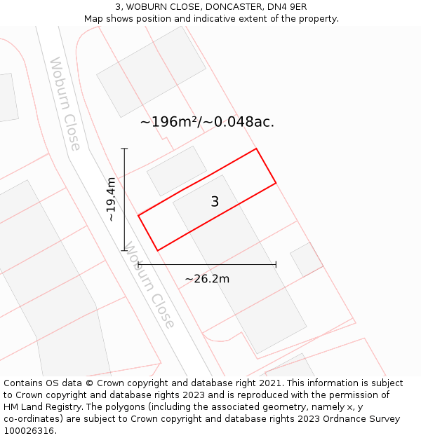 3, WOBURN CLOSE, DONCASTER, DN4 9ER: Plot and title map