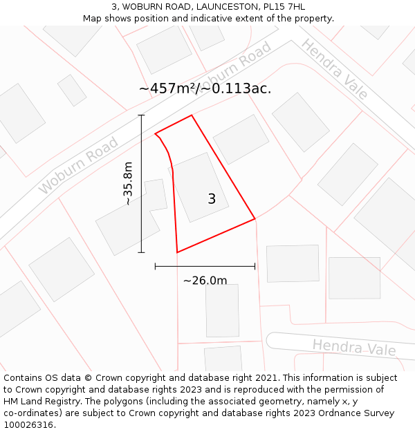 3, WOBURN ROAD, LAUNCESTON, PL15 7HL: Plot and title map