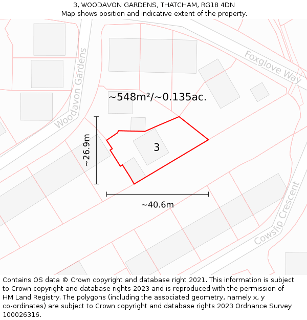 3, WOODAVON GARDENS, THATCHAM, RG18 4DN: Plot and title map
