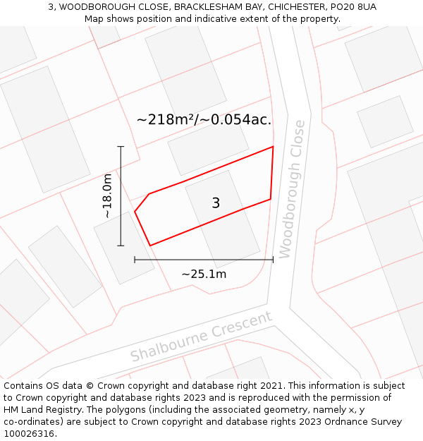 3, WOODBOROUGH CLOSE, BRACKLESHAM BAY, CHICHESTER, PO20 8UA: Plot and title map