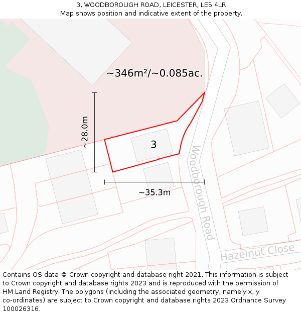 3, WOODBOROUGH ROAD, LEICESTER, LE5 4LR: Plot and title map