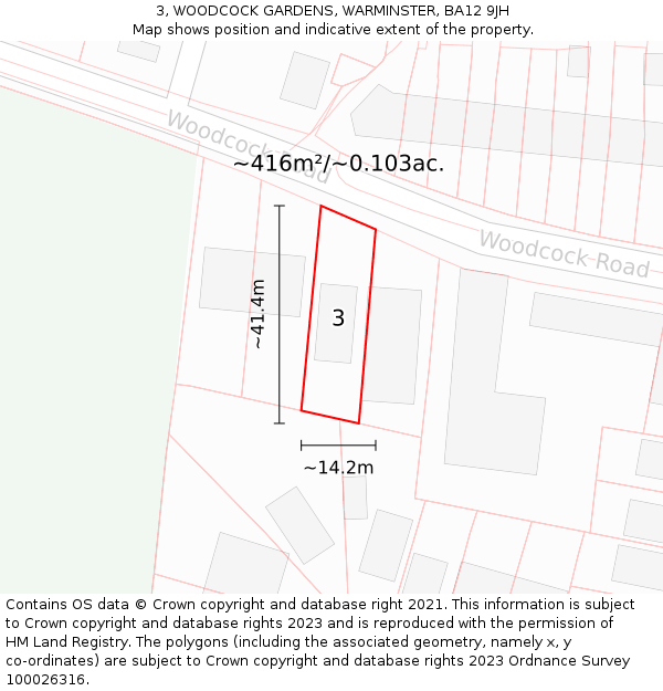 3, WOODCOCK GARDENS, WARMINSTER, BA12 9JH: Plot and title map