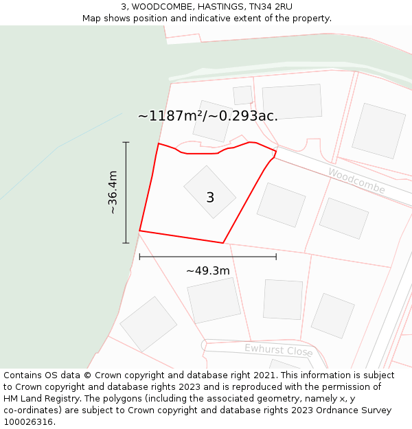 3, WOODCOMBE, HASTINGS, TN34 2RU: Plot and title map