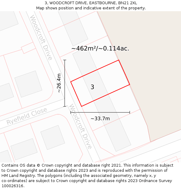 3, WOODCROFT DRIVE, EASTBOURNE, BN21 2XL: Plot and title map