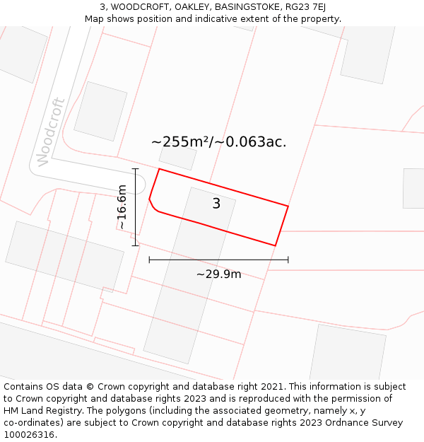 3, WOODCROFT, OAKLEY, BASINGSTOKE, RG23 7EJ: Plot and title map