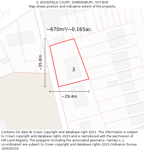 3, WOODFIELD COURT, SHREWSBURY, SY3 8HD: Plot and title map