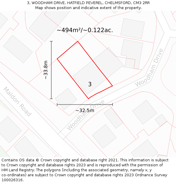 3, WOODHAM DRIVE, HATFIELD PEVEREL, CHELMSFORD, CM3 2RR: Plot and title map