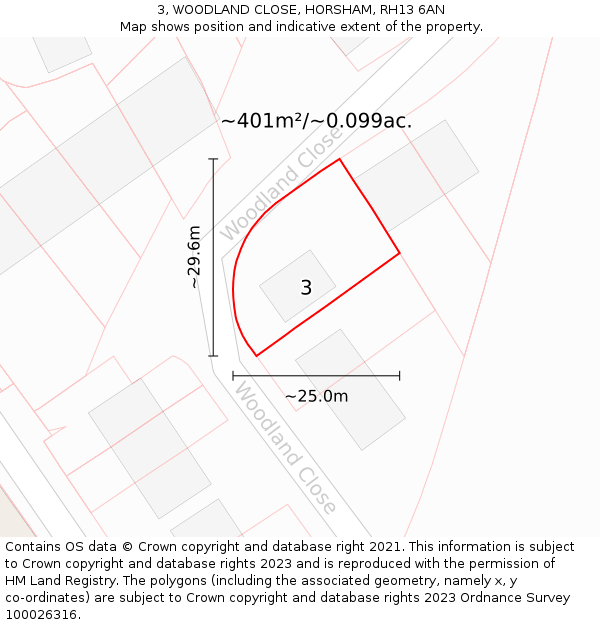 3, WOODLAND CLOSE, HORSHAM, RH13 6AN: Plot and title map