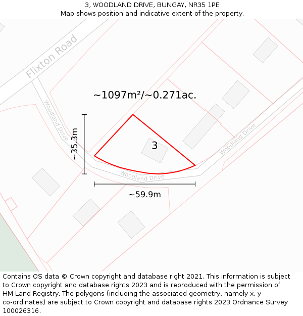 3, WOODLAND DRIVE, BUNGAY, NR35 1PE: Plot and title map